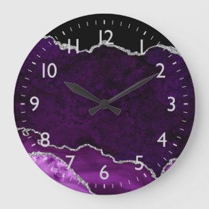 Relógio Grande Mármore de Ágata Roxo e Prata