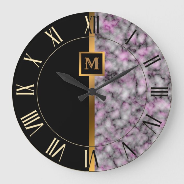 Relógio Grande Mármore Dourado Preto Moderno e Elegante do Luxo (Frente)