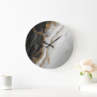 Relógio Grande Mármore preto elegante com textura dourada