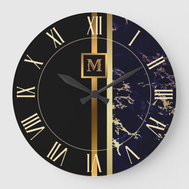Relógio Grande Mármore Preto Ouro Luxuoso Elegante Moderno (Frente)