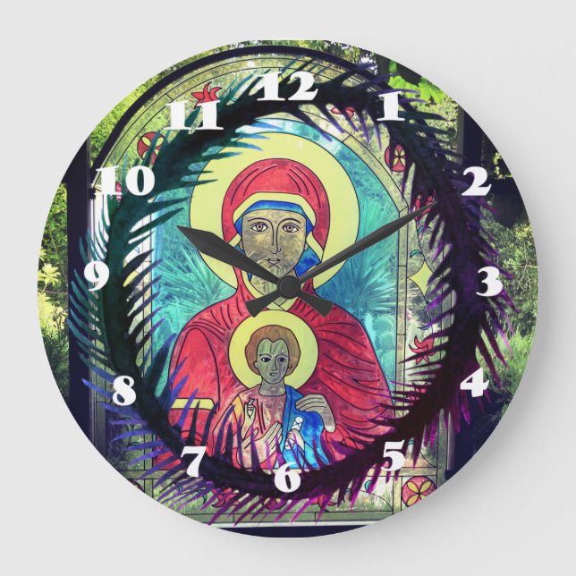 Relógio Grande Mary Mother, Baby Jesus Orthodox Icon Wall Clock (Frente)