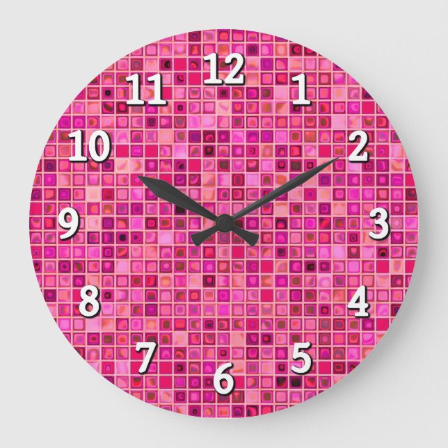 Relógio Grande Matizes De Padrão De Azulejo Mosaico Rosa Escuro,  (Frente)