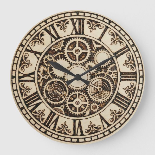 Relógio Grande  Mechanical Gears Wooden Wall Clock (Frente)