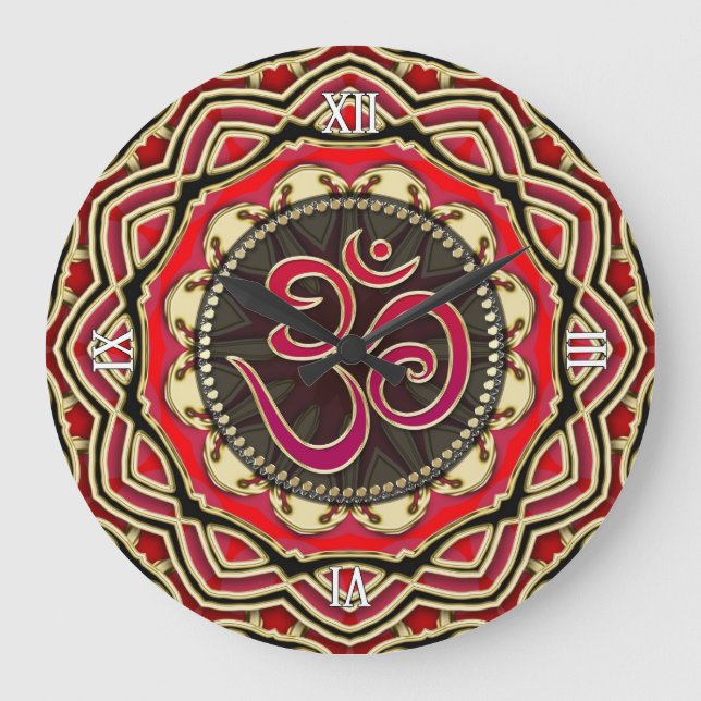 Relógio Grande Meditação OM Yoga Red Dourada Mandala Wall Clock (Frente)