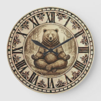 Relógio Grande Meditating Bear Wall Clock – Wood-Burned style 