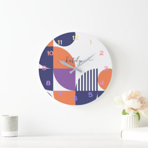 Relógio Grande Meio século Padrão Laranja Azul-Marinho Espelho Mo