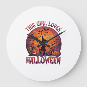 Relógio Grande Menina Ama Bruxas de Halloween Abóboras Morcegos_1