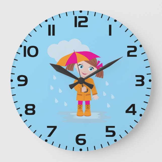 Relógio Grande Menina de Casaco Laranja com Guarda-Chuva Rosa (Frente)