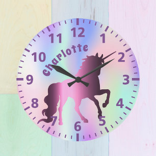 Relógio Grande Menina holográfica roxa do Unicorn