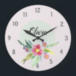 Relógio Grande Meninas Flores de Primavera Botânica e Filhos de N<br><div class="desc">Este lindo design de relógio para crianças florais apresenta flores primavera de aquarela bonitinhas,  e tem espaço para você escrever seu nome de meninas em uma fonte elegante. Uma adição botânica e pastel perfeita ao quarto ou ao berçário.</div>