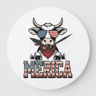 Relógio Grande Merica Gráfico de Gravura Vintage Patriótica Vaca_