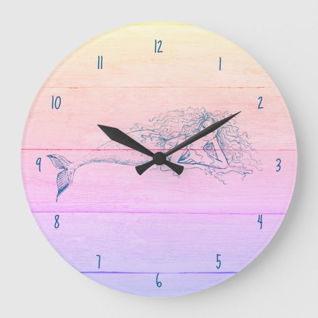Relógio Grande Mermaid Rainbow Beach Wood Coaster Large Clock (Frente)