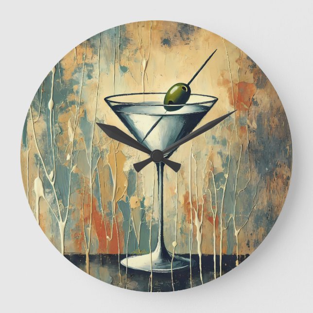 Relógio Grande Mid Century Mixed Media Martini Art (Frente)