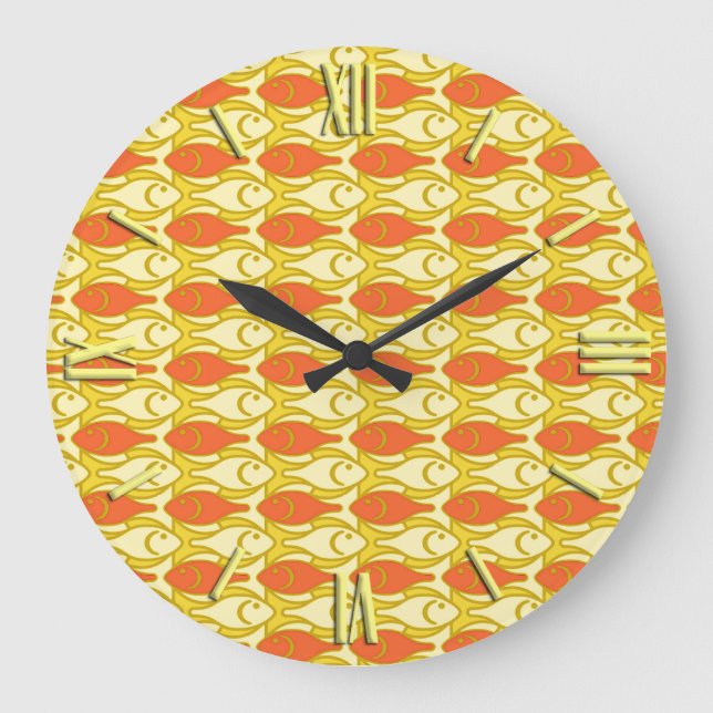 Relógio Grande Mid-Century Modern fish, yellow and orange (Frente)