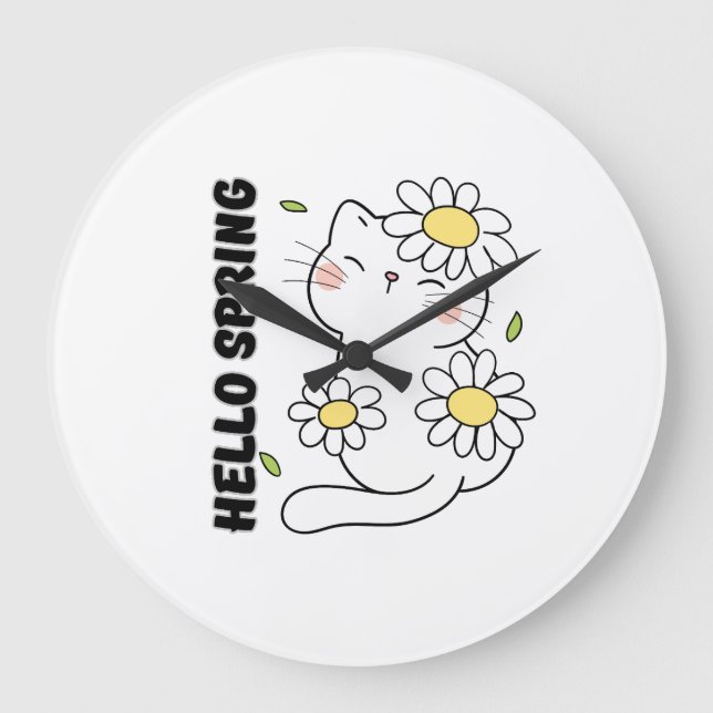 Relógio Grande Minimalist Aesthetic Hello Spring Cat & Daisy  (Frente)