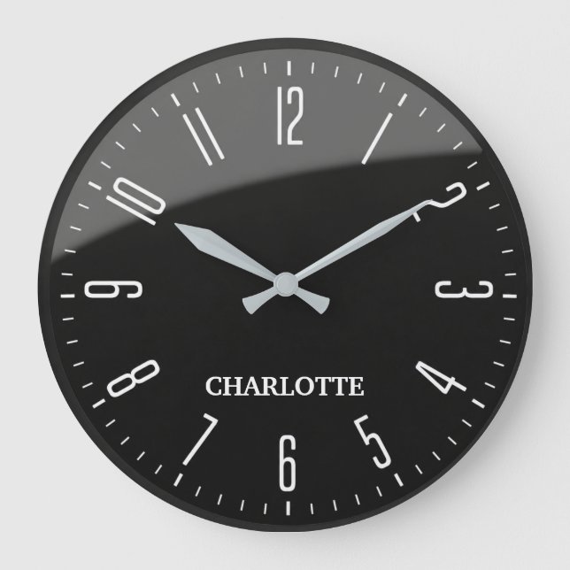 Relógio Grande Minimalist Custom Name Office Modern Black  (Frente)