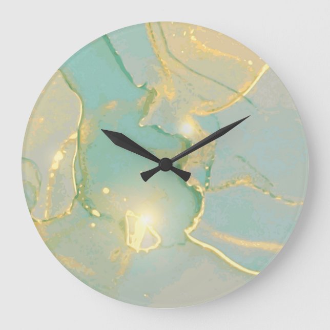 Relógio Grande Mint Green Dourado Marble: Texturado (Frente)