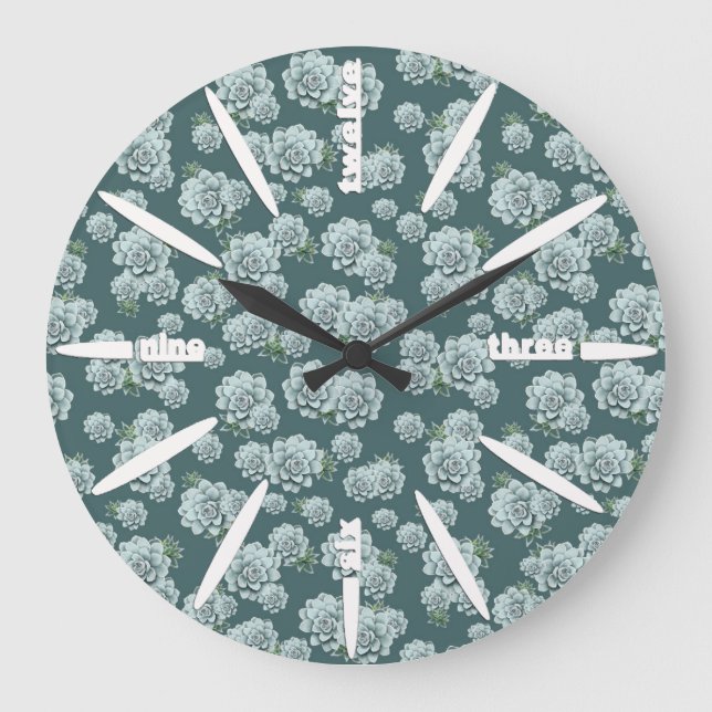 Relógio Grande Mint Rosette Succulents Repeat Print on Pine Green (Frente)