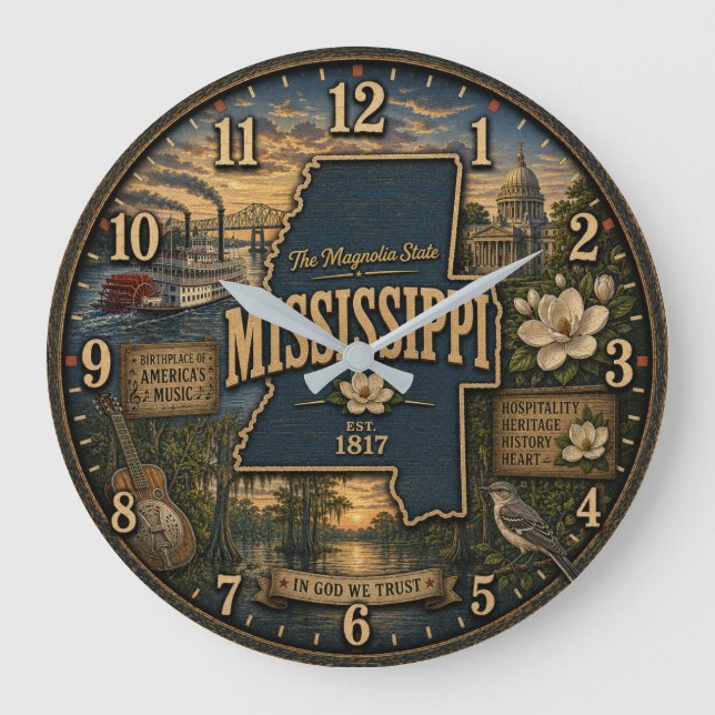 Relógio Grande Mississippi State  Southern Heritage Rustic Home  (Frente)