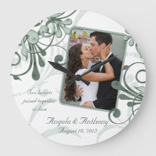 Relógio Grande Modelo de Foto Personalizada Floral Branco Verde