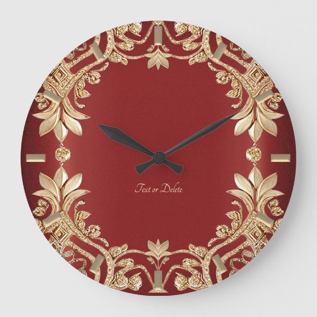 Relógio Grande Modern Gold Red Floral Wall Clock (Frente)