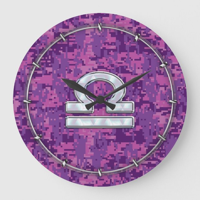 Relógio Grande Modern Libra Zodiac Symbol on Fuchsia Digital Camo (Frente)