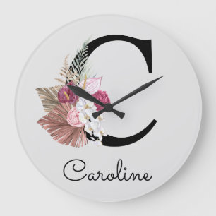 Relógio Grande Modern Pink Boho Girly Floral Initial C
