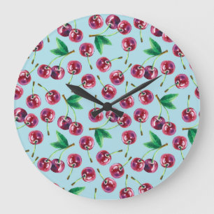 Relógio Grande Modern Watercolor Cherries: Juicy Berry Patterno