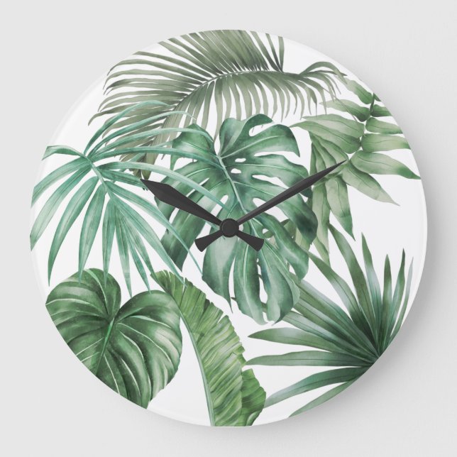 Relógio Grande Moderna Aquarela Folhas Tropicais Monstera (Frente)
