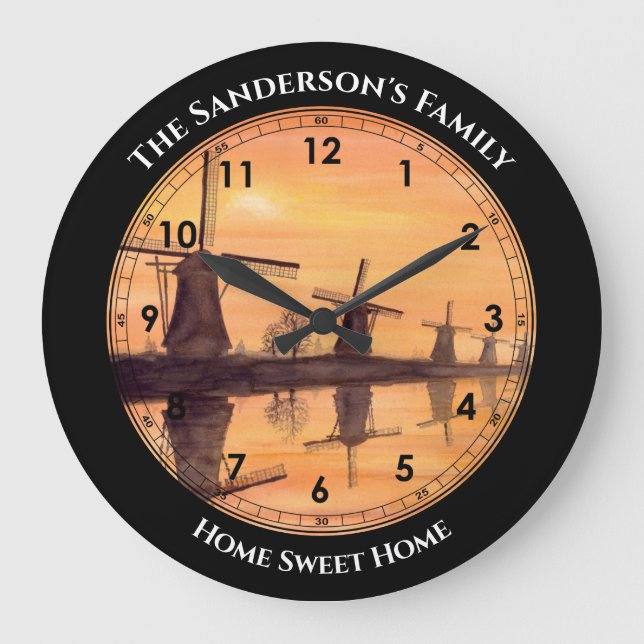 Relógio Grande Moinhos de vento Sunset Kinderdijk - Moldura  (Frente)