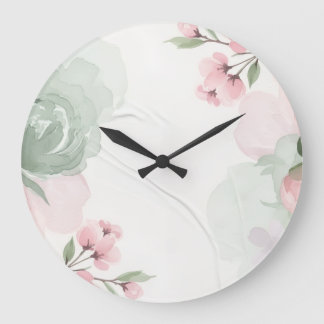 Relógio Grande Moldura Floral Rosa e Verde em Aquarela Suave