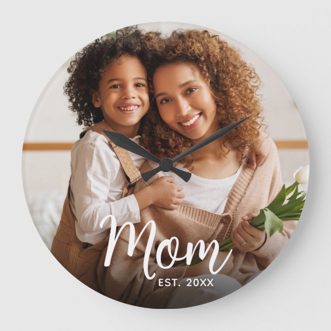 Relógio Grande Mom Established Date White Script Custom Photo (Frente)
