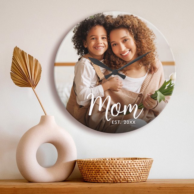 Relógio Grande Mom Established Date White Script Custom Photo (Criador carregado)