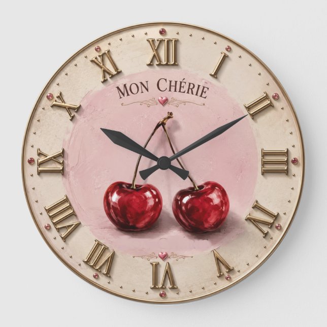 Relógio Grande Mon Chérie Cherry  Romantic French Quote  (Frente)