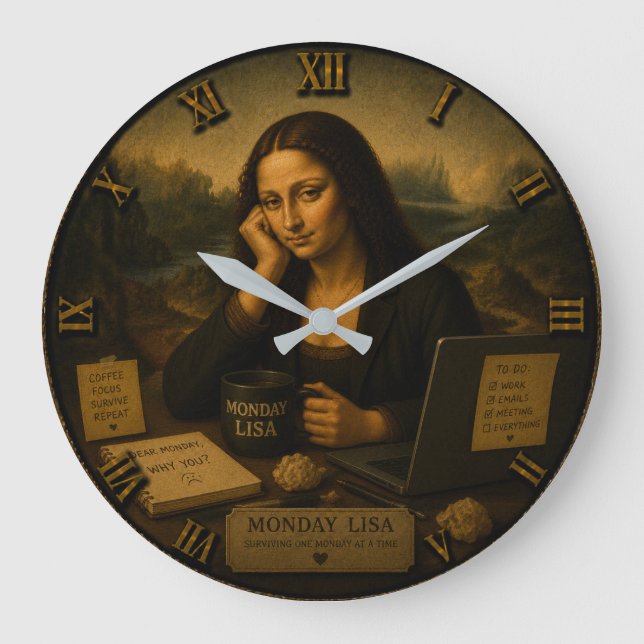 Relógio Grande Monday Funny Mona Lisa Office Worker Coffee Humor  (Frente)