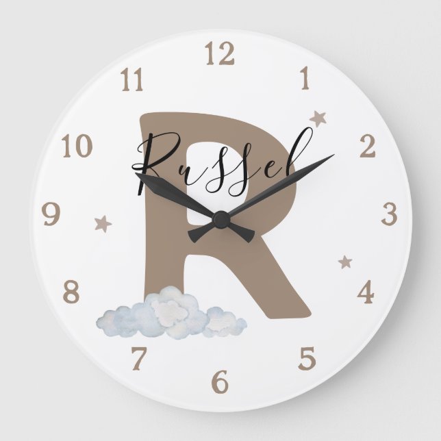Relógio Grande Monogram Brown Baby Initial Name Nursery Wall (Frente)