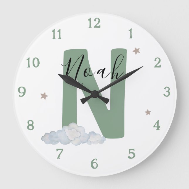 Relógio Grande Monogram Sage Baby Initial Name Nursery Wall Clock (Frente)