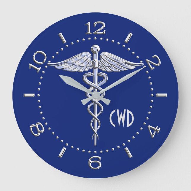 Relógio Grande Monograma Caduceus - Símbolo Médico no Azul (Frente)