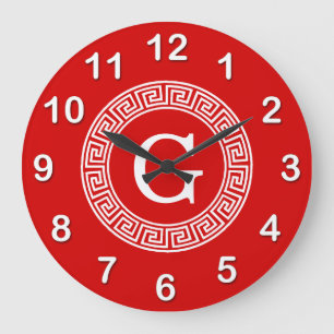 Relógio Grande Monograma chave grego branco vermelho da inicial