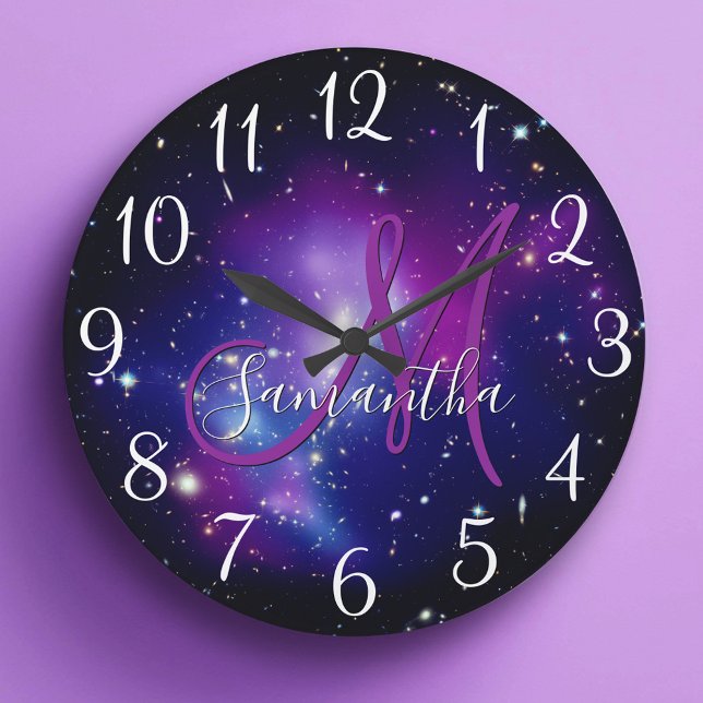 Relógio Grande Monograma de Foto Celestial Rosa Violeta (Girly Purple Celestial Photo Monogram Large Clock)