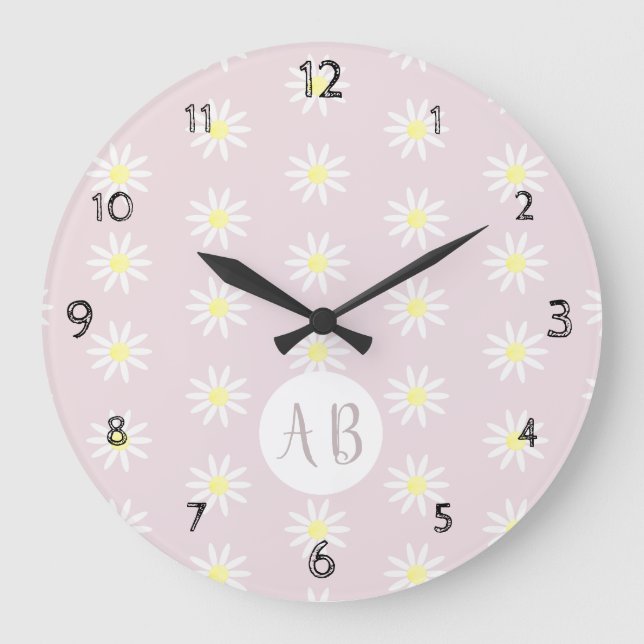 Relógio Grande Monograma do padrão da flor da margarida (Frente)