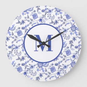 Relógio Grande Monograma Floral Azul Elegante