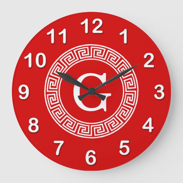Relógio Grande Monograma Inicial do Quadro-chave grego Red What (Frente)