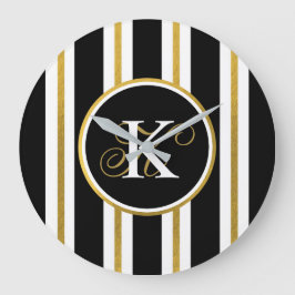 Relógio Grande Monograma Personalizado de Stripes Negras e Dourad