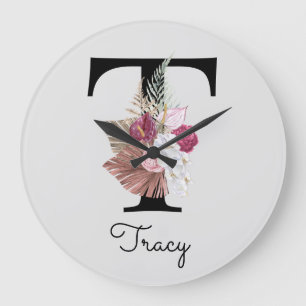 Relógio Grande Monograma Rosa Boho Girly Floral Inicial T