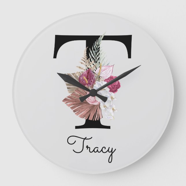 Relógio Grande Monograma Rosa Boho Girly Floral Inicial T (Frente)