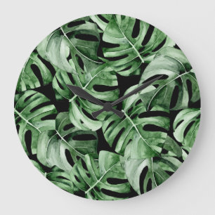 Relógio Grande Monstera Escura: Impressão Tropical Watercolor.