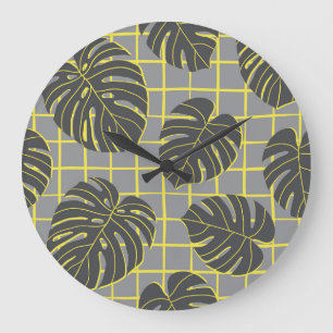 Relógio Grande Monstera Leaves: Cinza Moderna de Abstrato Amarela