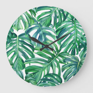 Relógio Grande Monstera Leaves: Padrão Da Selva De Aquarela.