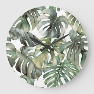 Relógio Grande Monstera Tropical Grande Padrão de Aquarela